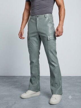 Boohoo Men's Sage Green Cargo Leather Pants